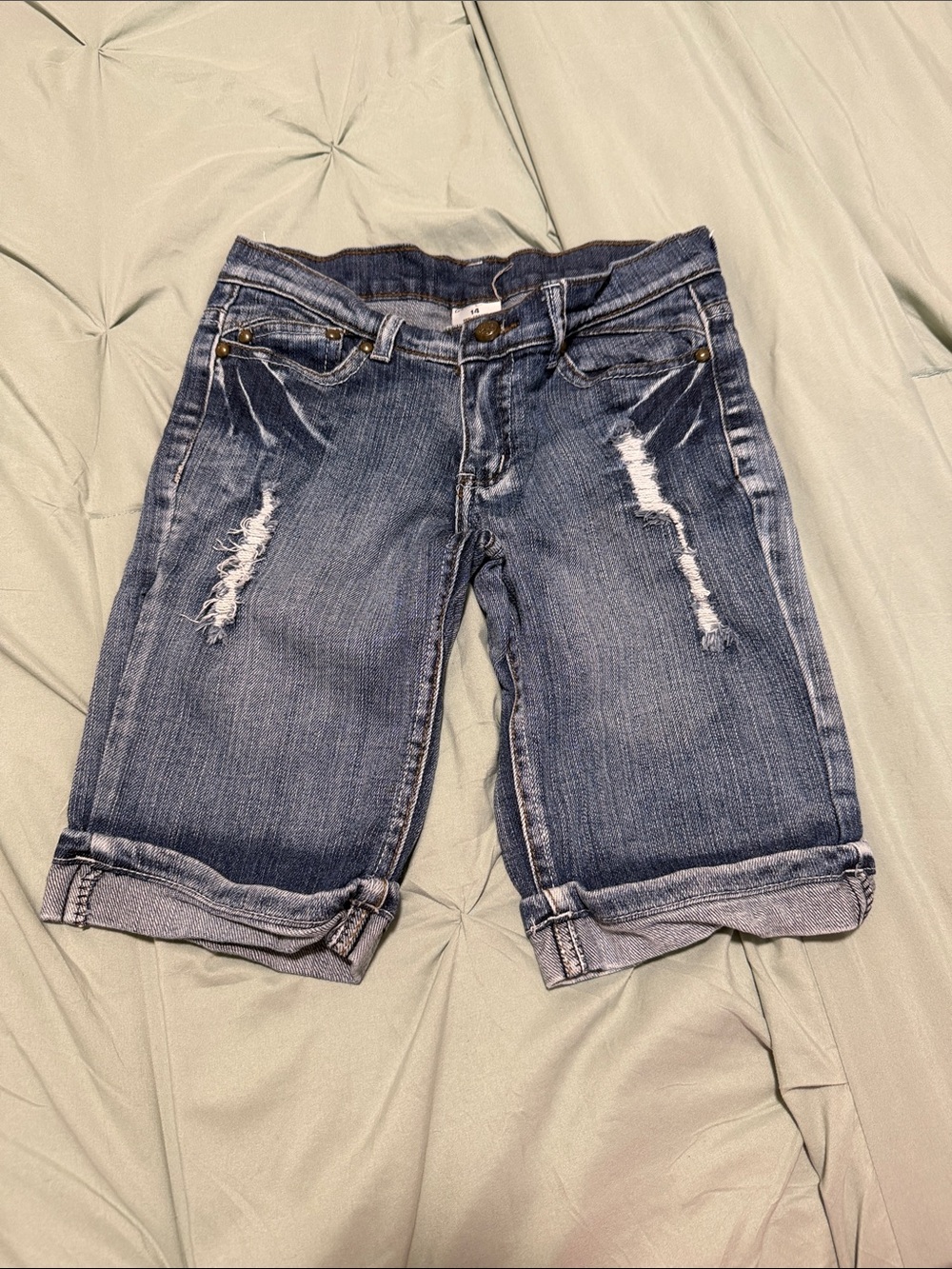 Kids Distressed Dark Blue Denim Roll-Cuff Shorts